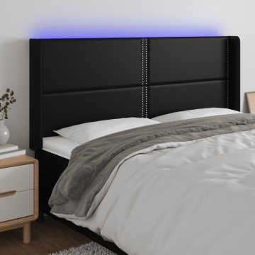 Tăblie de pat cu LED, negru, 203x16x118/128 cm, piele ecologică - Img 1