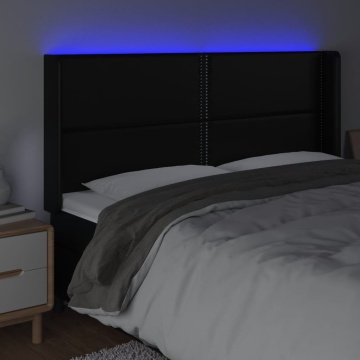 Tăblie de pat cu LED, negru, 203x16x118/128 cm, piele ecologică - Img 4