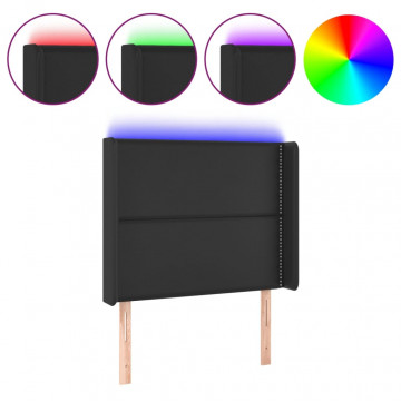 Tăblie de pat cu LED, negru, 93x16x118/128 cm, piele ecologică - Img 2