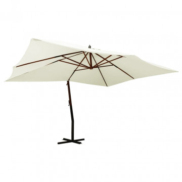 Umbrelă suspendată cu stâlp din lemn, alb nisipiu, 400x300 cm - Img 1