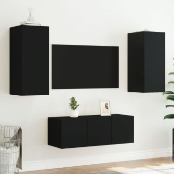 Unități de perete TV cu LED-uri, 4 piese, negru, lemn prelucrat - Img 7