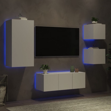 Unități de perete TV cu LED-uri, 5 piese, alb, lemn prelucrat - Img 4