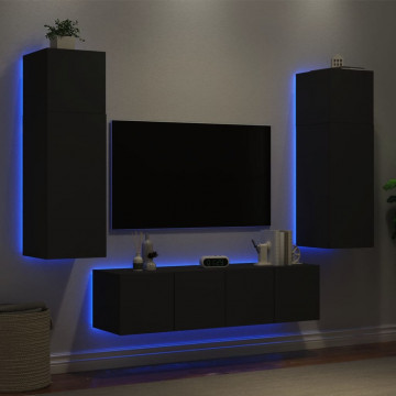 Unități de perete TV cu LED-uri, 6 piese, negru, lemn prelucrat - Img 4