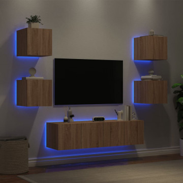 Unități de perete TV cu LED-uri, 6 piese, stejar sonoma, lemn - Img 3