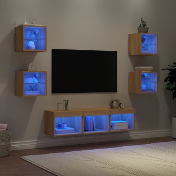 Unități de perete TV cu LED-uri, 7 piese, stejar sonoma, lemn - Img 1