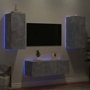 Unități TV de perete cu LED-uri 4 piese gri beton lemn compozit - Img 4