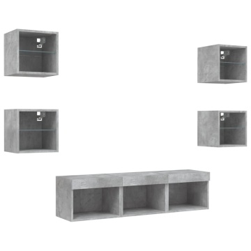 Unități TV de perete cu LED-uri 7 piese gri beton lemn compozit - Img 8