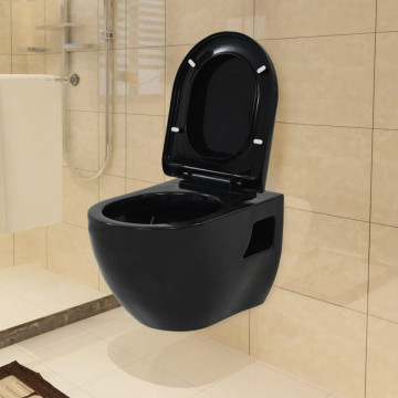 Vas de toaletă cu montare pe perete, ceramică, negru - Img 1