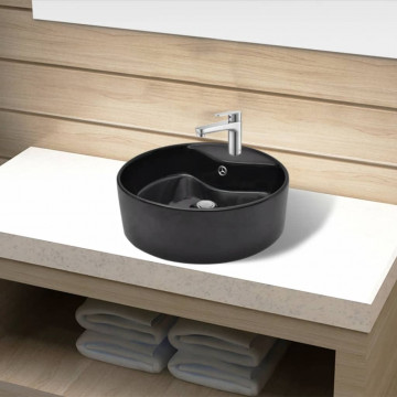 Bazin chiuvetă ceramică baie cu gaură robinet/preaplin, rotund, negru - Img 1