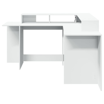 Birou cu lumini LED, alb, 152x152x91 cm, lemn prelucrat - Img 5