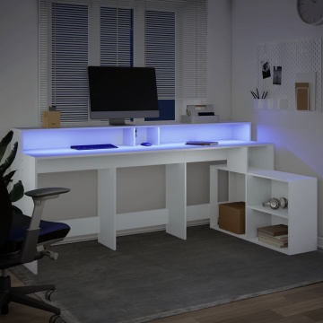 Birou cu lumini LED, alb, 200x104x91 cm, lemn prelucrat - Img 8
