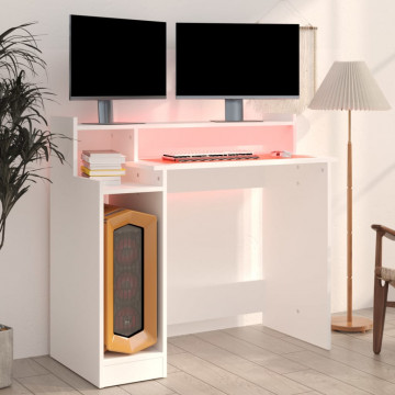 Birou cu lumini LED, alb, 97x90x45 cm lemn compozit - Img 8
