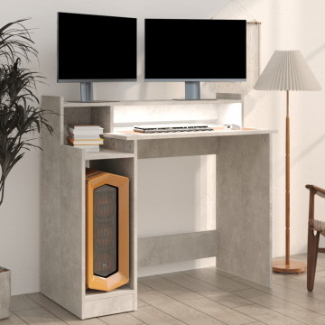 Birou cu lumini LED, gri beton, 97x90x45 cm, lemn compozit - Img 5