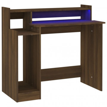 Birou cu lumini LED, stejar maro, 97x90x45 cm lemn prelucrat - Img 2