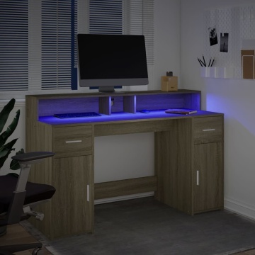 Birou cu lumini LED stejar sonoma, 140x55x91 cm, lemn prelucrat - Img 8