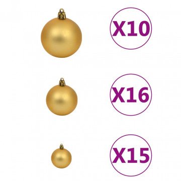 Brad de Crăciun pre-iluminat cu set globuri, auriu, 240 cm, PET - Img 5