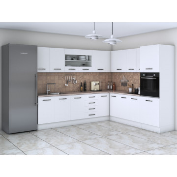 Bucatarie de colt Alfa, Corp inalt cuptor, Cu vitrina, Alb, Blat termic travertin - Img 1