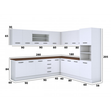 Bucatarie de colt Alfa, Corp inalt cuptor, Cu vitrina, Alb, Blat termic nuc - Img 4