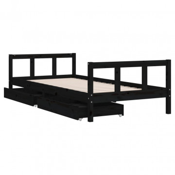 Cadru de pat copii cu sertare, negru, 90x200 cm, lemn masiv pin - Img 4