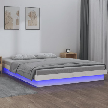 Cadru de pat cu LED mic dublu 4FT, alb, 120x190 cm, lemn masiv - Img 1