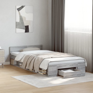 Cadru de pat cu sertar gri sonoma 75x190 cm lemn prelucrat - Img 3