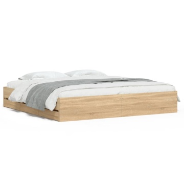 Cadru de pat cu sertare stejar sonoma 200x200 cm lemn prelucrat - Img 2