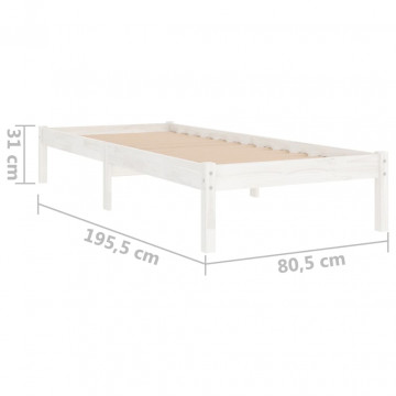 Cadru de pat mic single, alb, 75x190 cm, lemn masiv - Img 7