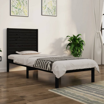 Cadru de pat mic single, negru, 75x190 cm, lemn masiv - Img 1
