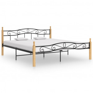 Cadru de pat, negru, 180x200 cm, metal și lemn masiv de stejar - Img 1