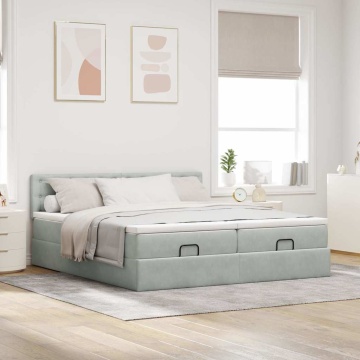 Cadru de pat otoman cu saltele Gri deschis 180x200cm catifea - Img 3