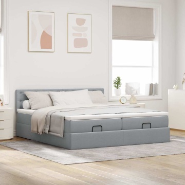 Cadru de pat otoman cu saltele țesătură gri deschis 200x200cm - Img 3