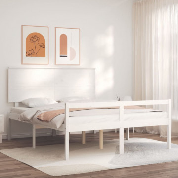 Cadru de pat senior cu tăblie, alb, king size, lemn masiv - Img 1