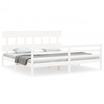 Cadru pat cu tăblie 200x200 cm, alb, lemn masiv - Img 2