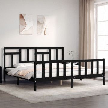 Cadru pat cu tăblie 200x200 cm, negru, lemn masiv - Img 1