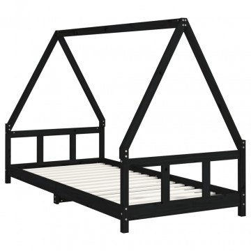Cadru pat pentru copii, negru, 90x200 cm, lemn masiv de pin - Img 3