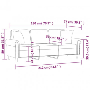 Canapea cu 3 locuri cu pernuțe, gri deschis, 180 cm, catifea - Img 7