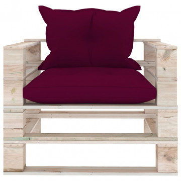 Canapea de grădină din paleți cu perne roșu vin, lemn de pin - Img 2