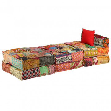 Canapea puf modulară cu 3 locuri, petice, material textil - Img 4