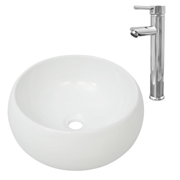 Chiuvetă de baie cu robinet mixer, ceramică, rotund, alb - Img 2
