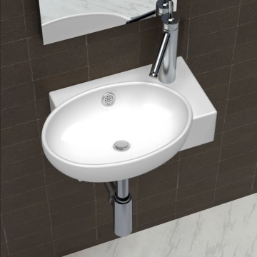 Chiuvetă de baie, orificiu robinet & preaplin, alb, ceramică - Img 1