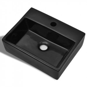 Chiuvetă de baie pătrată din ceramică cu gaură pentru robinet, negru - Img 6