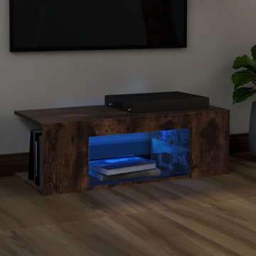 Comodă TV cu lumini LED, stejar fumuriu, 90x39x30 cm - Img 1