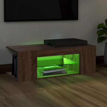 Comodă TV cu lumini LED, stejar maro, 90x39x30 cm - Img 4