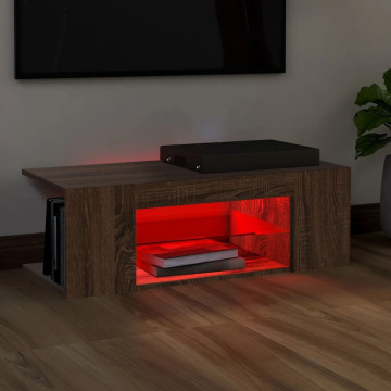 Comodă TV cu lumini LED, stejar maro, 90x39x30 cm - Img 5