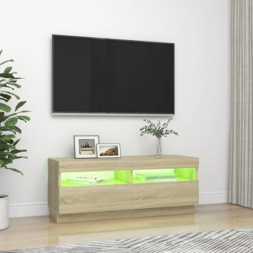 Comodă TV cu lumini LED, stejar sonoma, 100x35x40 cm - Img 4