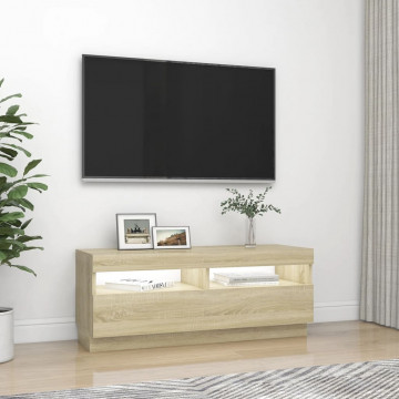 Comodă TV cu lumini LED, stejar sonoma, 100x35x40 cm - Img 8
