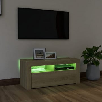 Comodă TV cu lumini LED, stejar Sonoma, 90x35x40 cm - Img 4