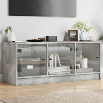 Comodă TV cu uși din sticlă, gri beton, 102x37x42 cm - Img 1