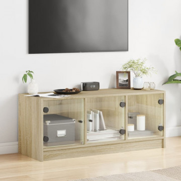 Comodă TV cu uși din sticlă, stejar sonoma, 102x37x42 cm - Img 3