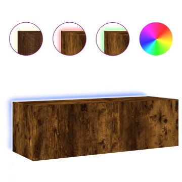 Comodă TV de perete cu lumini LED, stejar fumuriu, 100x35x31 cm - Img 2